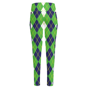 White Green And Navy Argyle Print High-Waisted Pocket Leggings