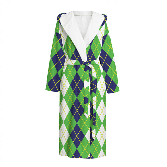 White Green And Navy Argyle Print Hooded Bathrobe