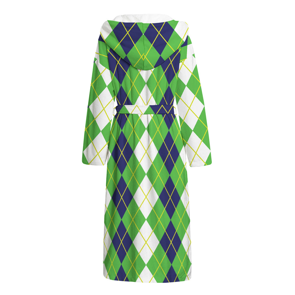 White Green And Navy Argyle Print Hooded Bathrobe