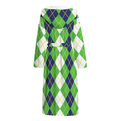 White Green And Navy Argyle Print Hooded Bathrobe