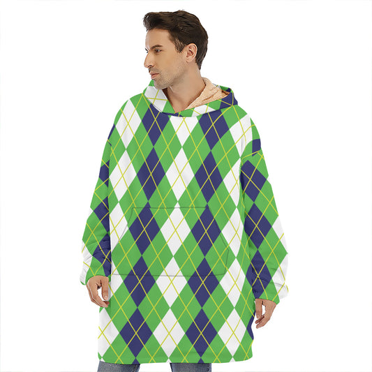 White Green And Navy Argyle Print Hoodie Blanket