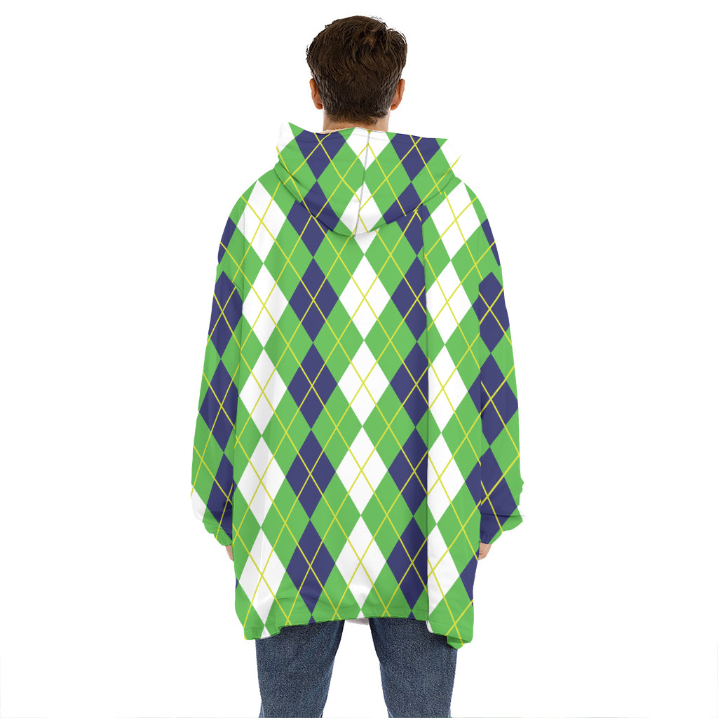 White Green And Navy Argyle Print Hoodie Blanket