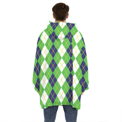 White Green And Navy Argyle Print Hoodie Blanket