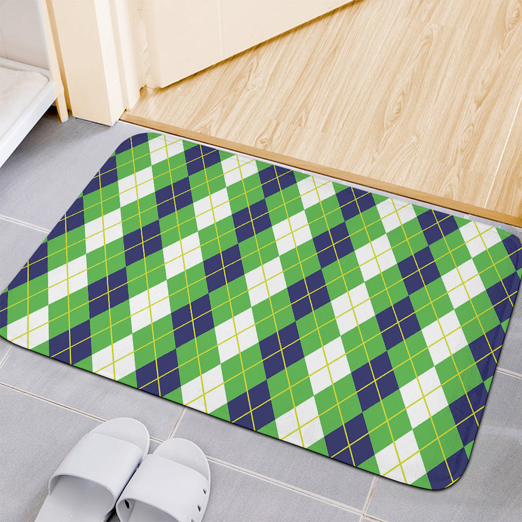 White Green And Navy Argyle Print Indoor Door Mat