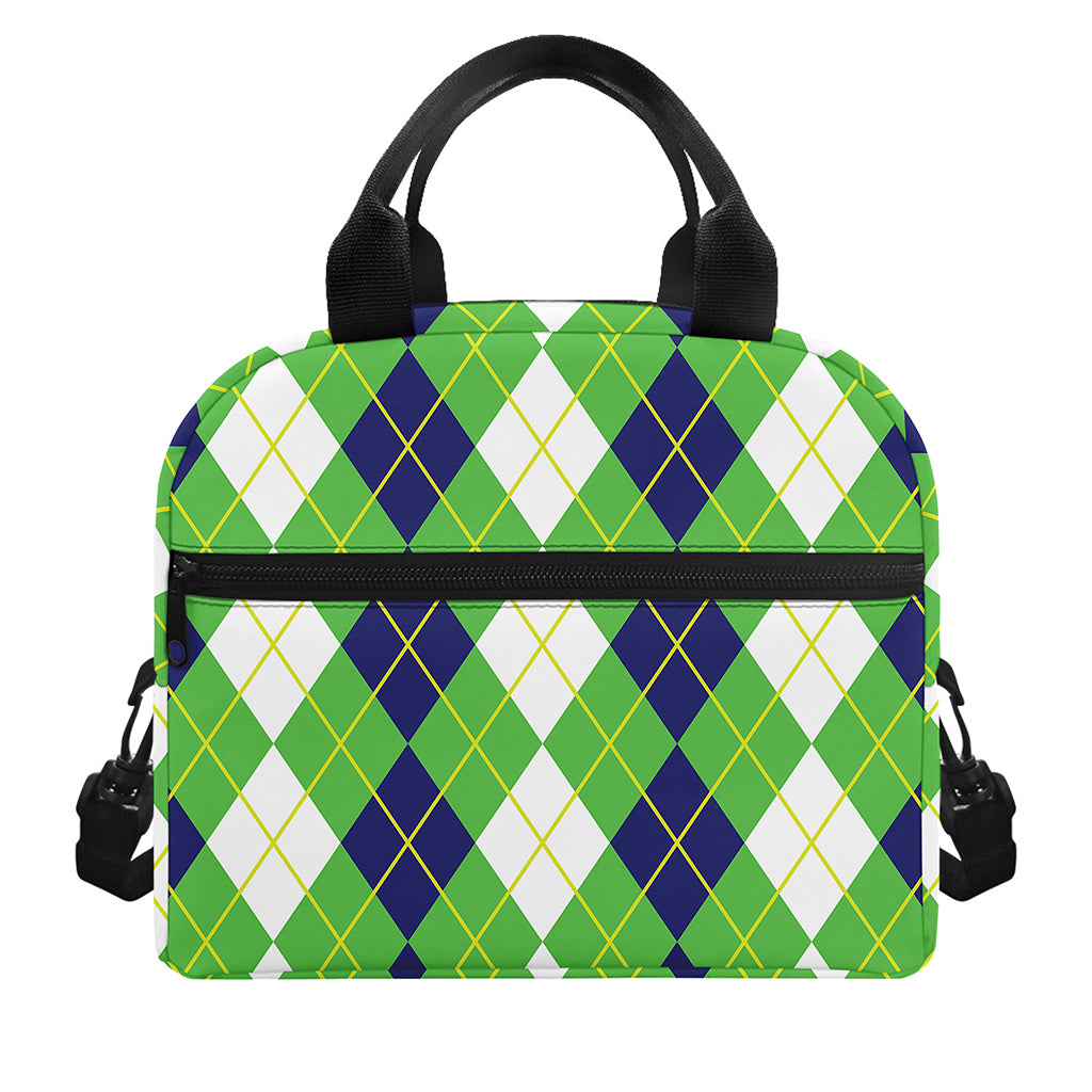 White Green And Navy Argyle Print Insulated Lunch Bag