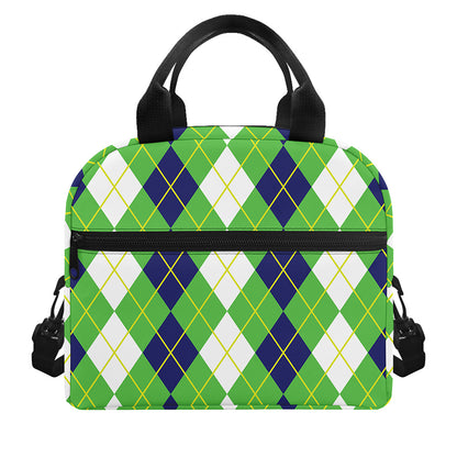 White Green And Navy Argyle Print Insulated Lunch Bag