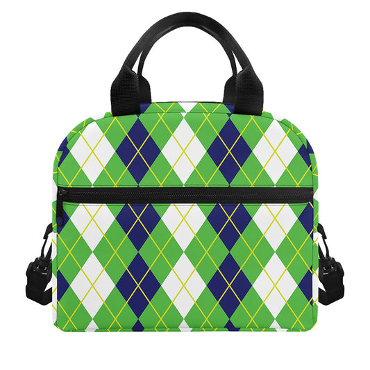 White Green And Navy Argyle Print Insulated Lunch Bag
