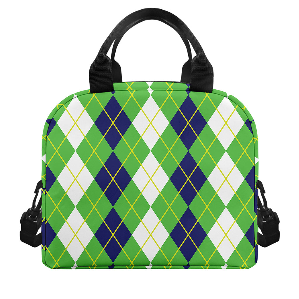 White Green And Navy Argyle Print Insulated Lunch Bag