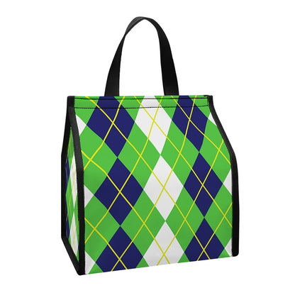White Green And Navy Argyle Print Insulated Lunch Tote