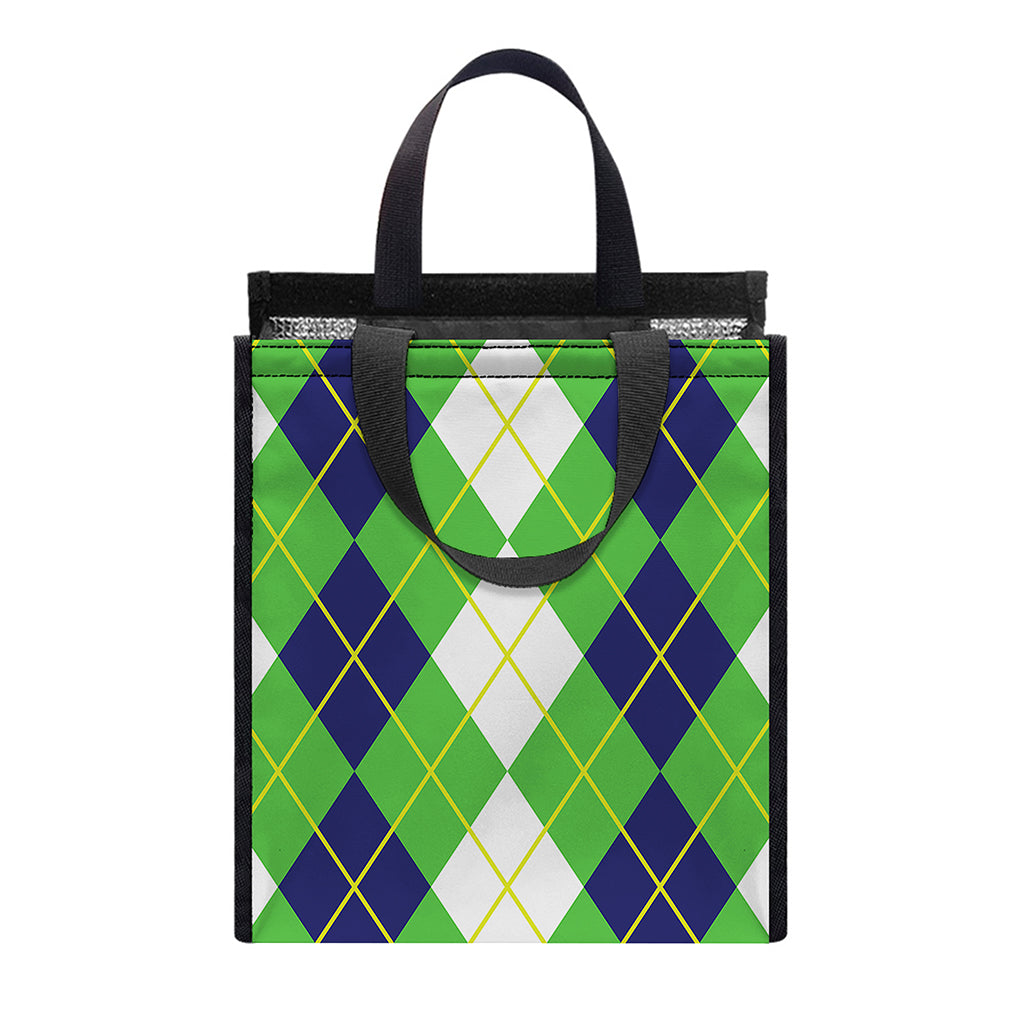 White Green And Navy Argyle Print Insulated Lunch Tote