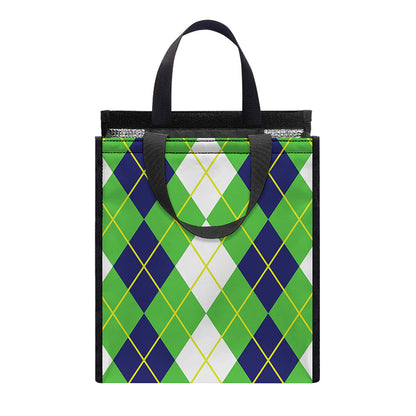 White Green And Navy Argyle Print Insulated Lunch Tote