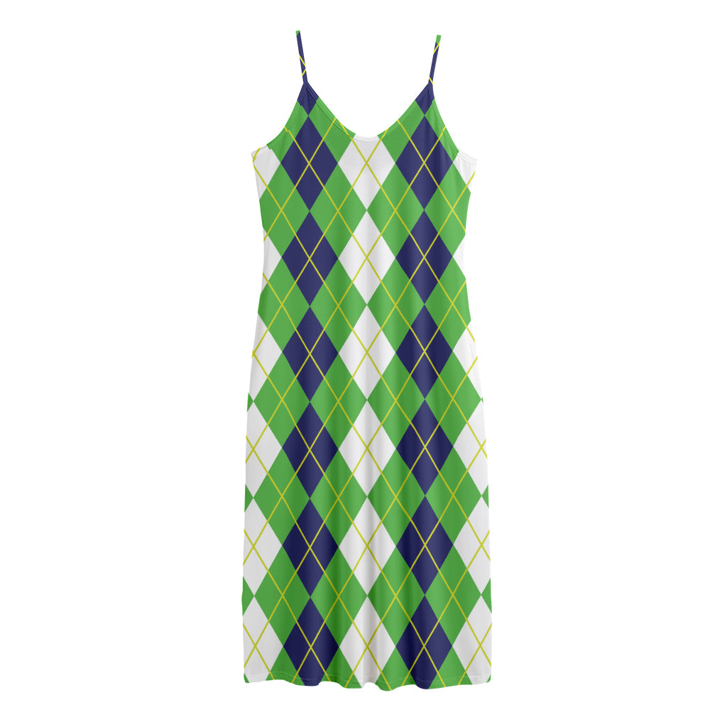 White Green And Navy Argyle Print Jersey Midi Cami Dress
