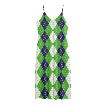 White Green And Navy Argyle Print Jersey Midi Cami Dress