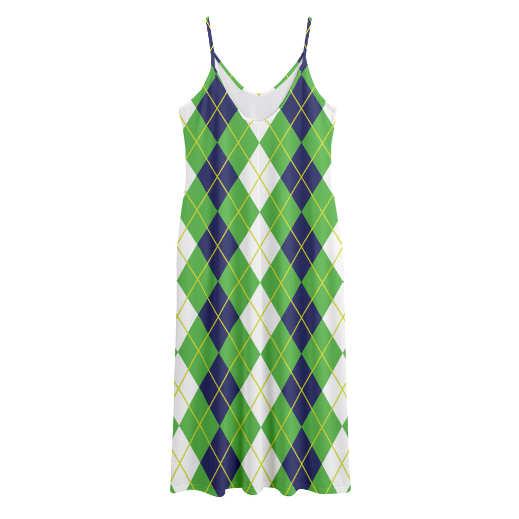 White Green And Navy Argyle Print Jersey Midi Cami Dress