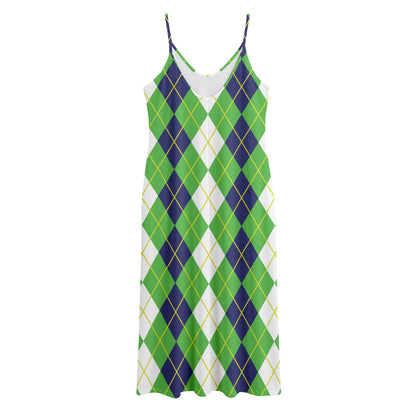 White Green And Navy Argyle Print Jersey Midi Cami Dress