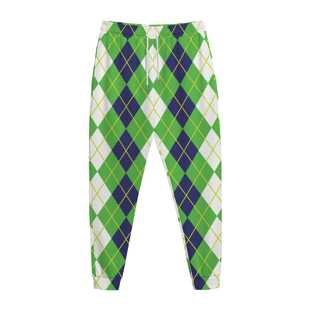 White Green And Navy Argyle Print Jogger Pants