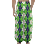 White Green And Navy Argyle Print Lantern Pants