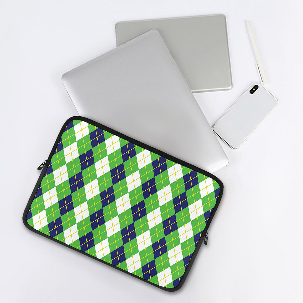 White Green And Navy Argyle Print Laptop Sleeve