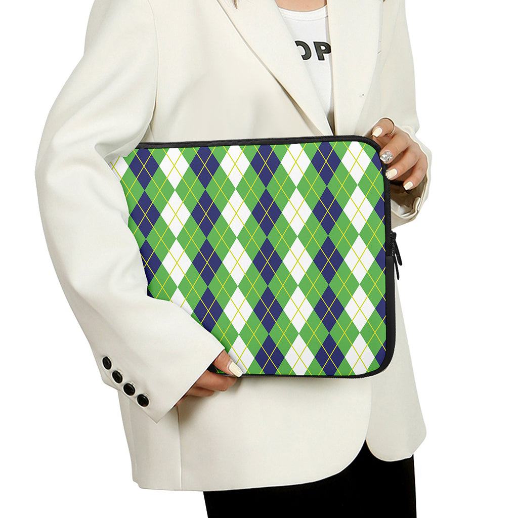 White Green And Navy Argyle Print Laptop Sleeve