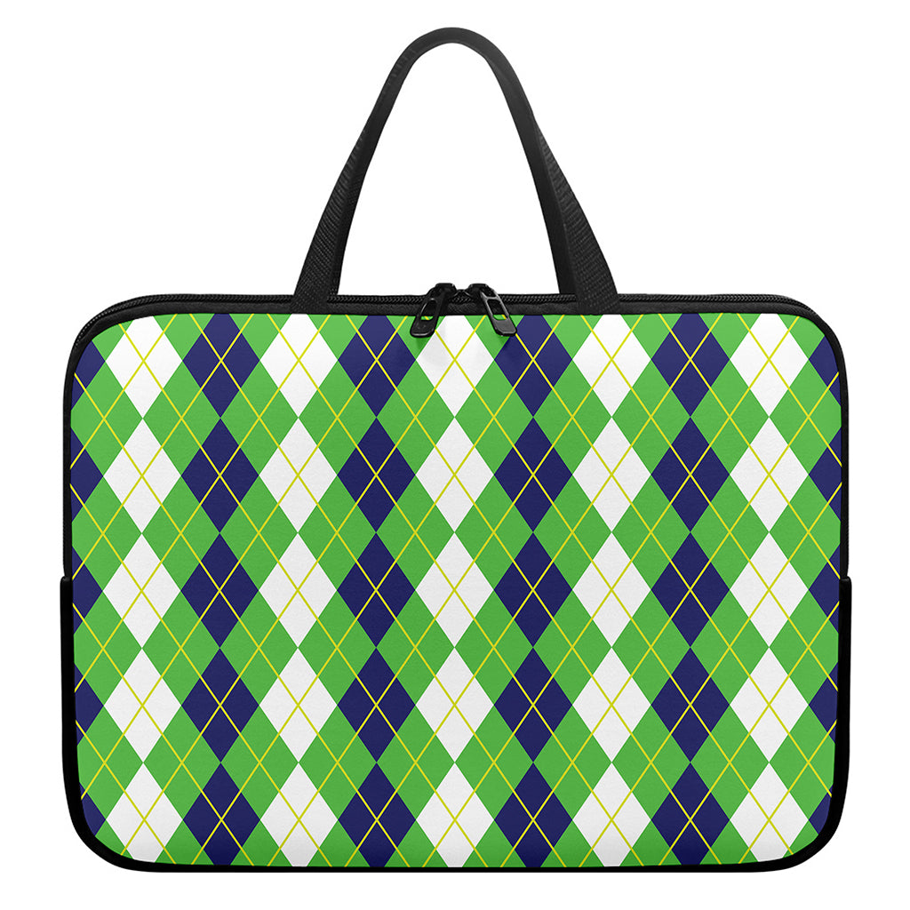 White Green And Navy Argyle Print Laptop Sleeve With Handle