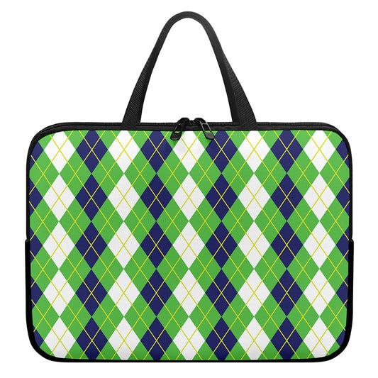 White Green And Navy Argyle Print Laptop Sleeve With Handle