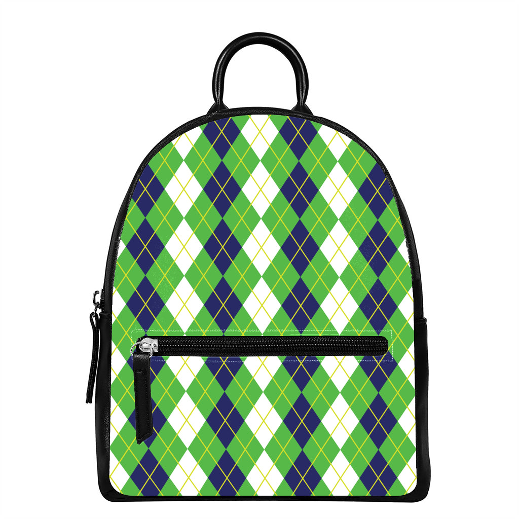 White Green And Navy Argyle Print Leather Backpack
