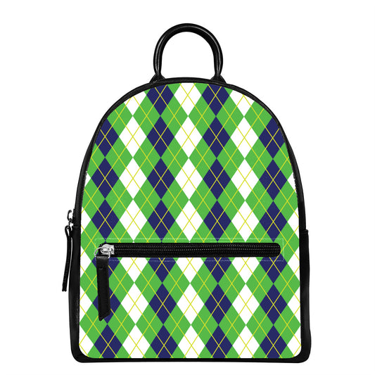 White Green And Navy Argyle Print Leather Backpack