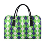 White Green And Navy Argyle Print Leather Duffle Bag
