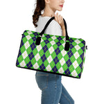 White Green And Navy Argyle Print Leather Duffle Bag