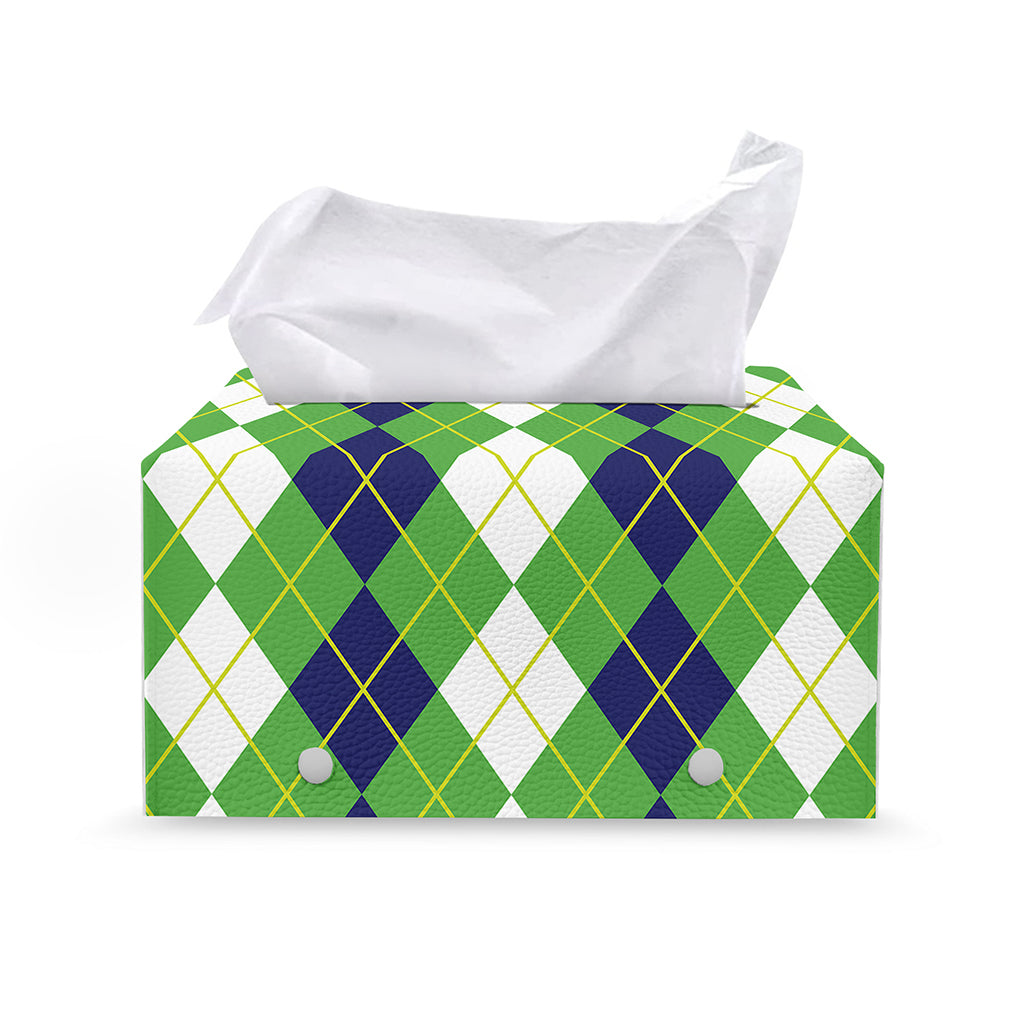 White Green And Navy Argyle Print Leather Tissue Box Cover