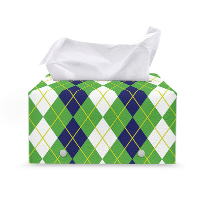 White Green And Navy Argyle Print Leather Tissue Box Cover