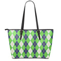 White Green And Navy Argyle Print Leather Tote Bag With Zipper