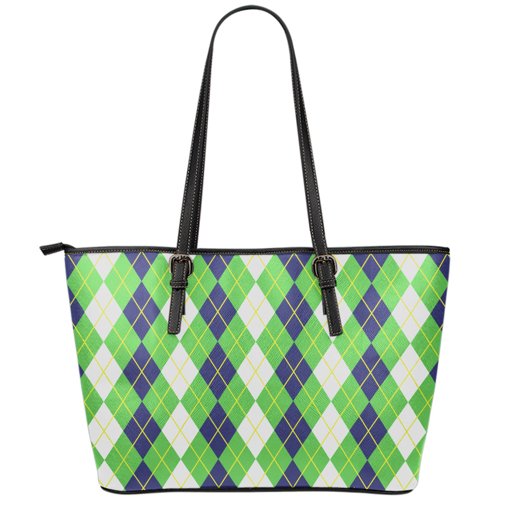 White Green And Navy Argyle Print Leather Tote Bag