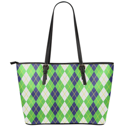 White Green And Navy Argyle Print Leather Tote Bag