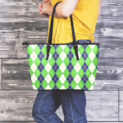 White Green And Navy Argyle Print Leather Tote Bag