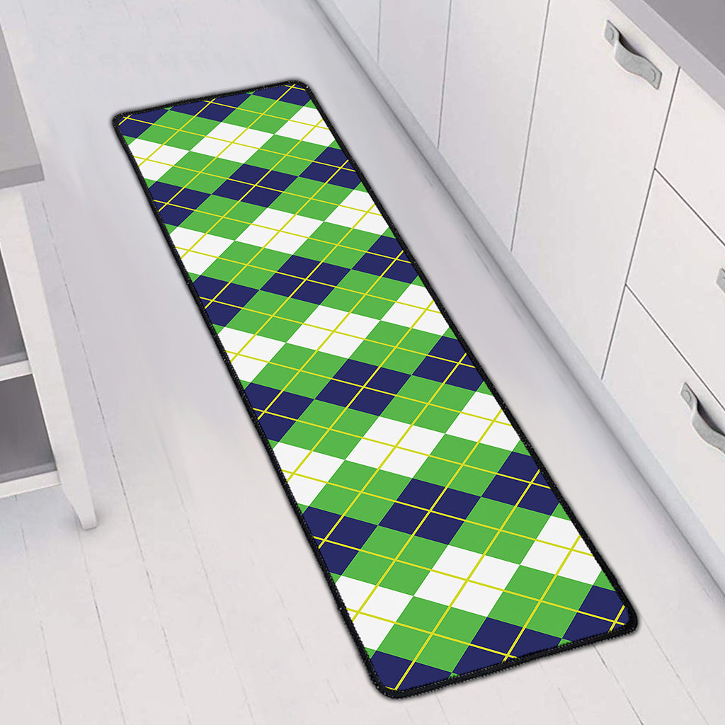 White Green And Navy Argyle Print Long Kitchen Mat