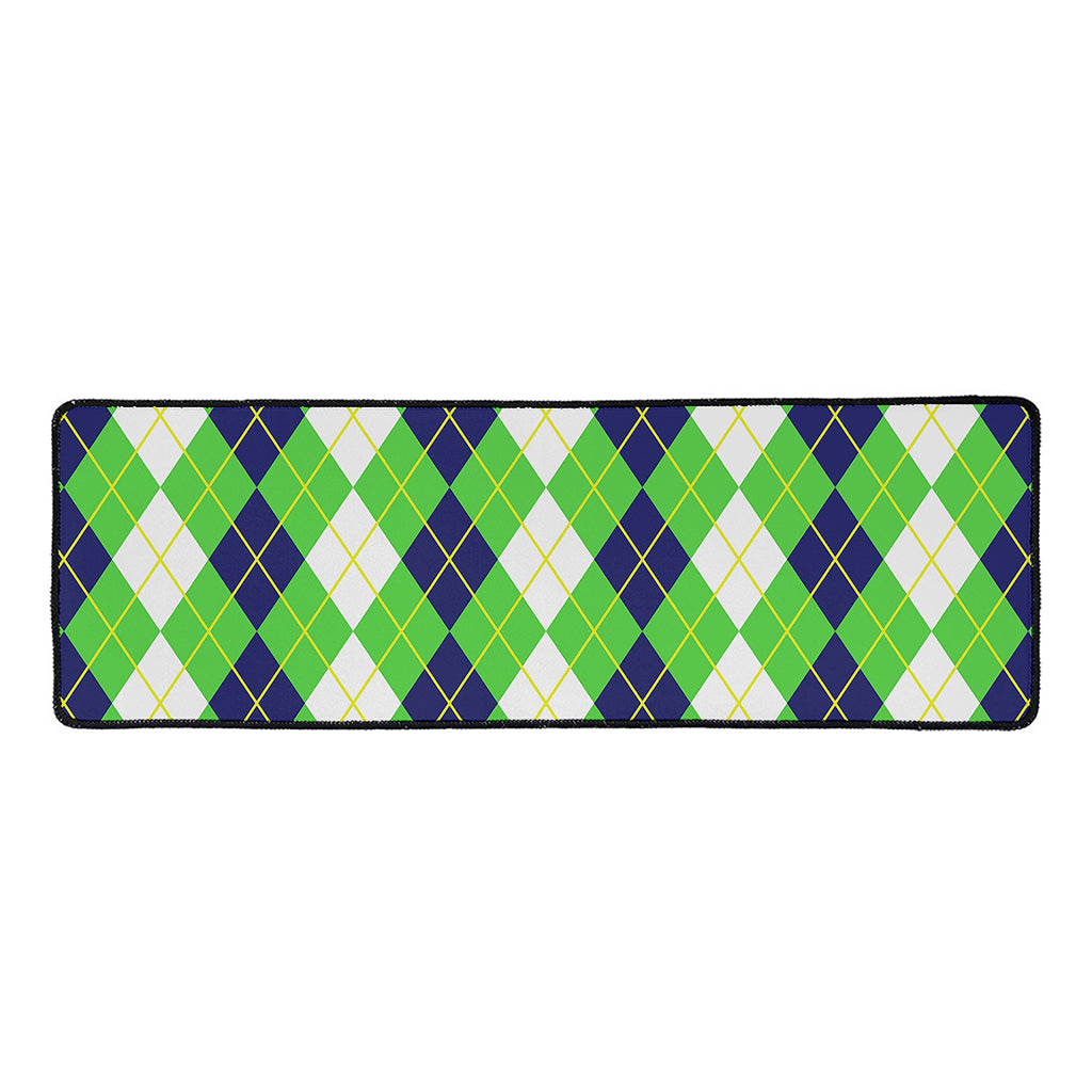White Green And Navy Argyle Print Long Kitchen Mat