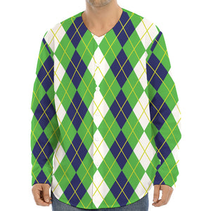 White Green And Navy Argyle Print Long Sleeve Baseball Jersey