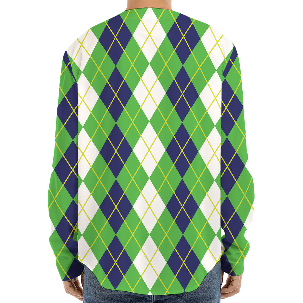 White Green And Navy Argyle Print Long Sleeve Baseball Jersey