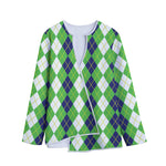 White Green And Navy Argyle Print Long Sleeve Short Coat