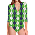 White Green And Navy Argyle Print Long Sleeve Swimsuit