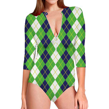 White Green And Navy Argyle Print Long Sleeve Swimsuit