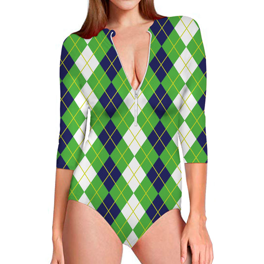 White Green And Navy Argyle Print Long Sleeve Swimsuit