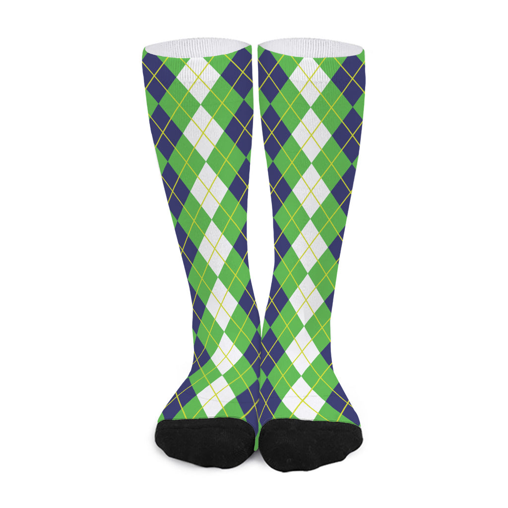 White Green And Navy Argyle Print Long Socks