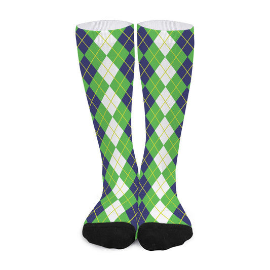 White Green And Navy Argyle Print Long Socks