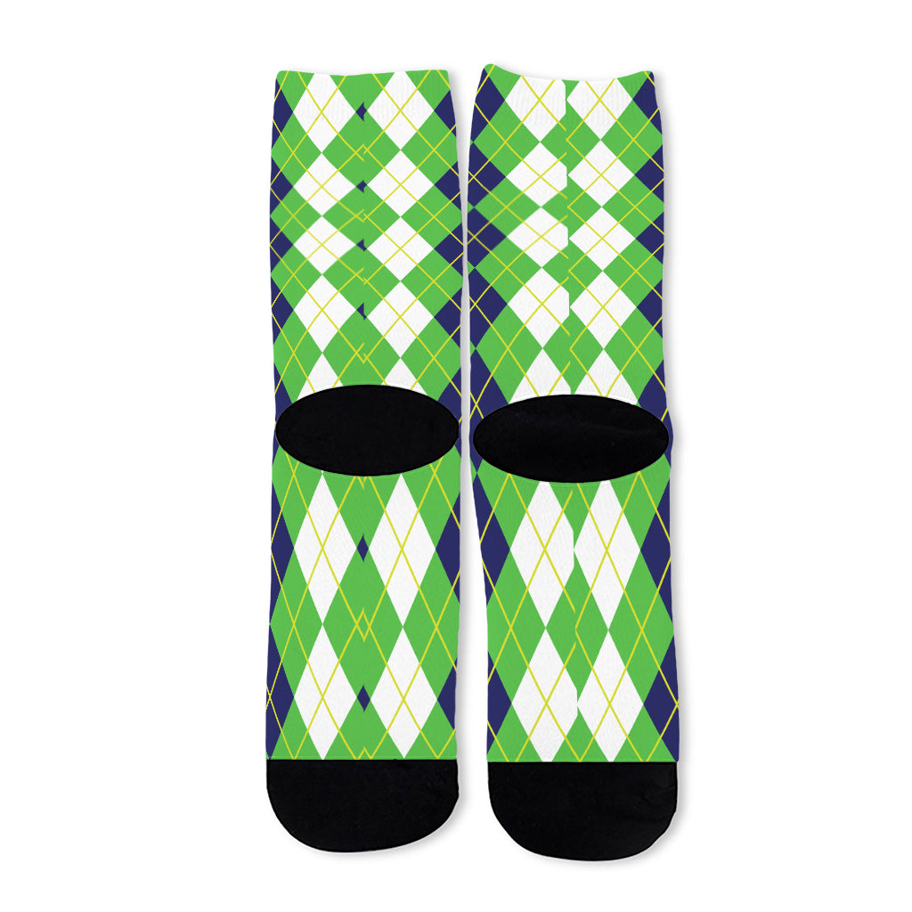 White Green And Navy Argyle Print Long Socks
