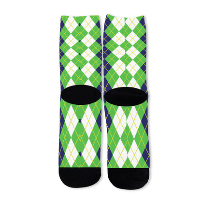 White Green And Navy Argyle Print Long Socks