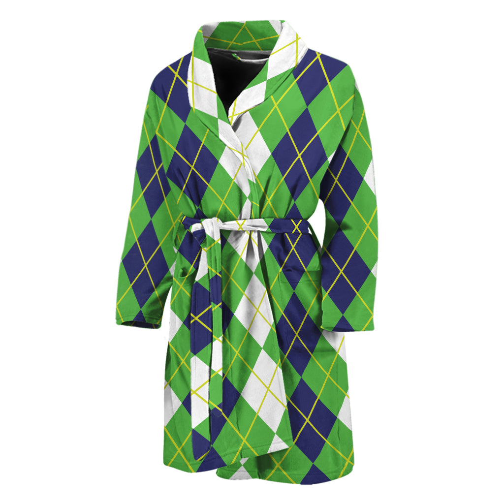 White Green And Navy Argyle Print Men's Bathrobe