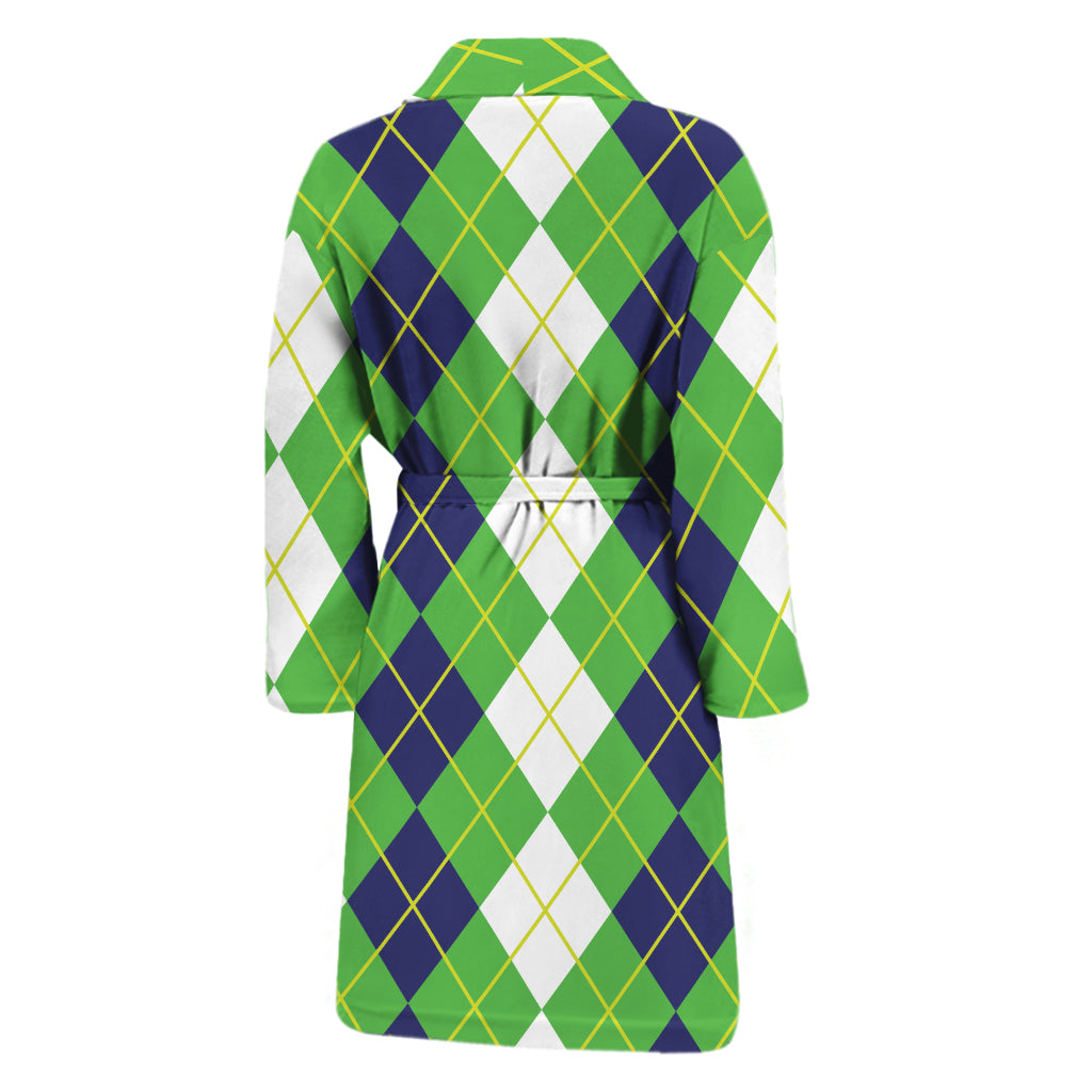 White Green And Navy Argyle Print Men's Bathrobe