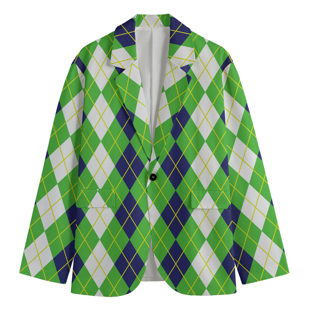 White Green And Navy Argyle Print Men's Blazer
